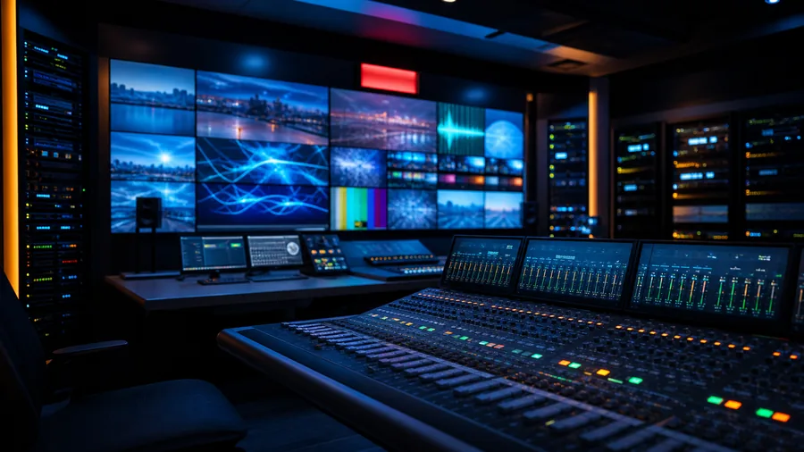 Broadcast control room with monitors and production console